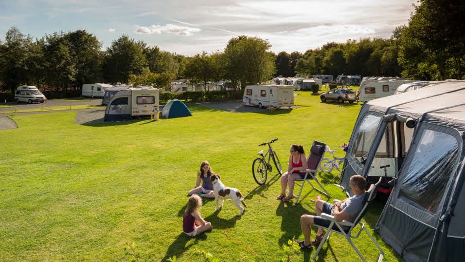 Scarborough West Ayton club site caravan and motorhome pitches with a family and their dog on the grass
