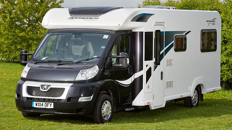 black and white motorhome with low profile roof